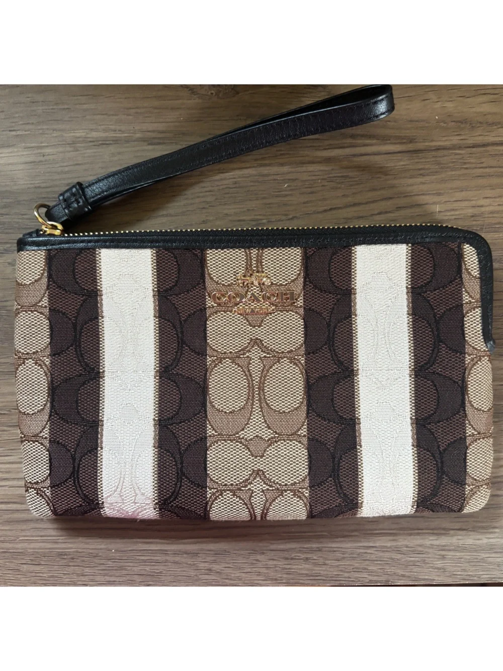 Coach Striped Signature Canvas Wristlet - Brown, Cream & Black